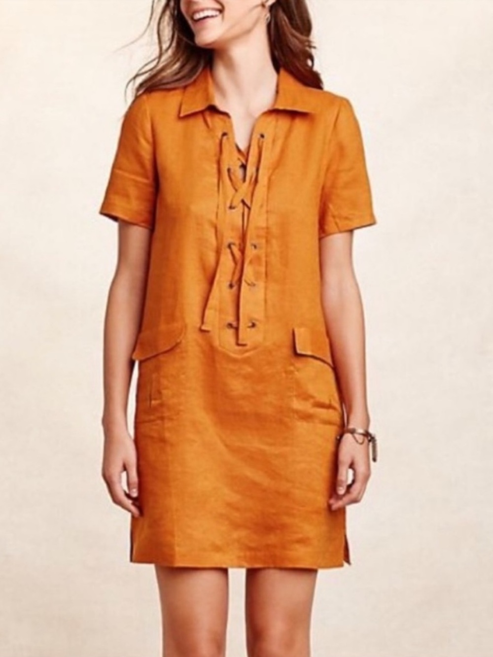 Anthropologie Maeve Tangerine Linen Lace Up Shift Mini Dress Size 0P - Picture 6 of 6